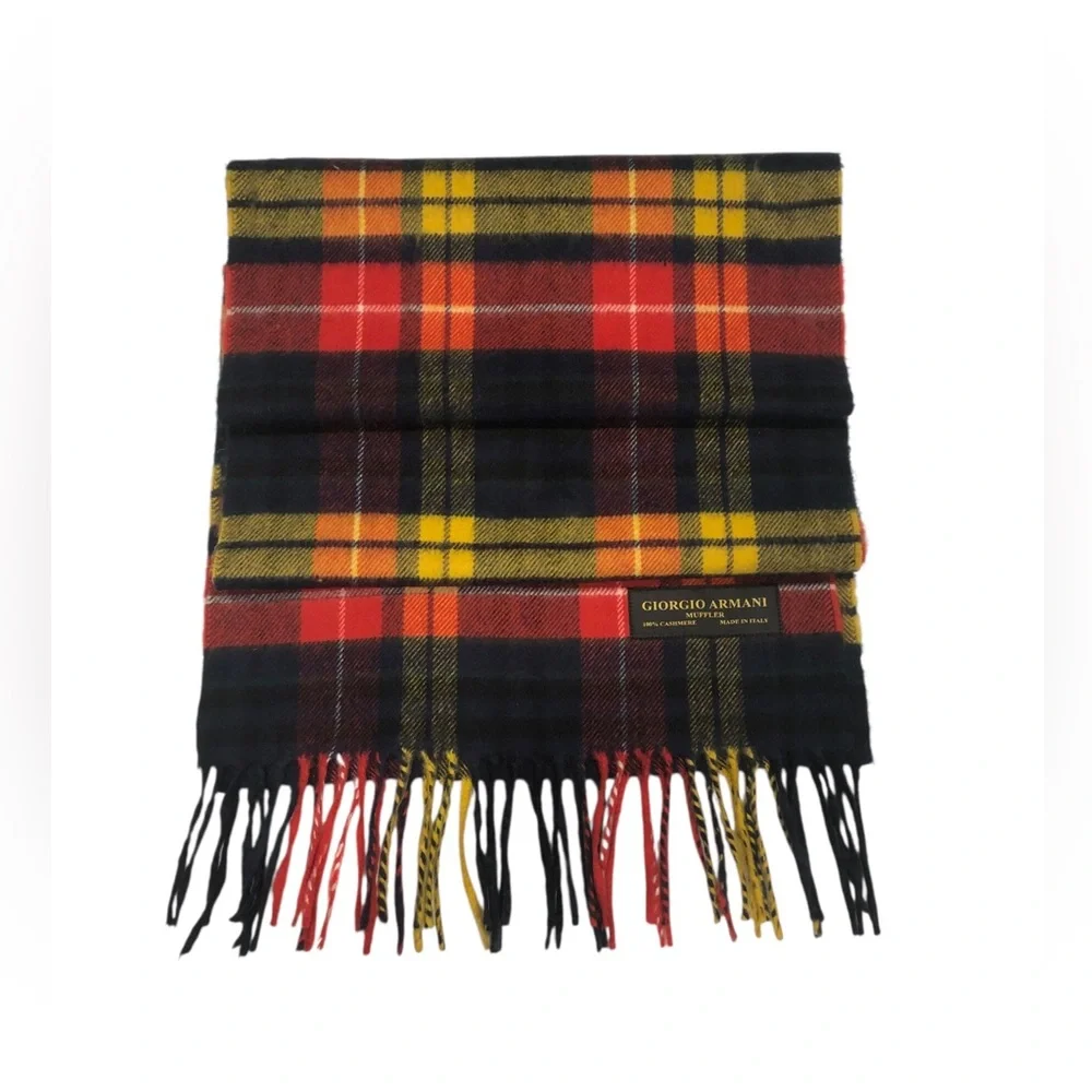 Giorgio Armani Muffler 100% Cashmere Tartan Plaid Fringe Wrap Scarf